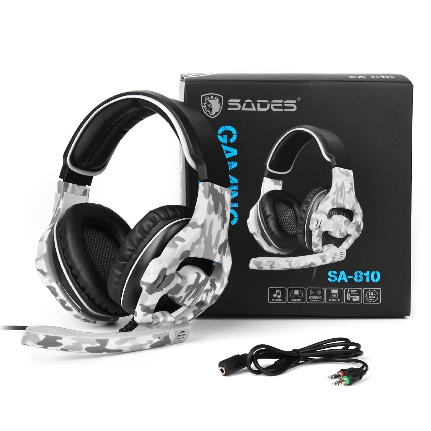 SADES New Arrival SA810Plus Over-ear Stereo Gaming Headset Headband Headphones with Hifi Mic Control-remote Noise-reduction for PC Computers/Notebooks/New Xbox One/PS4(Camouflage)