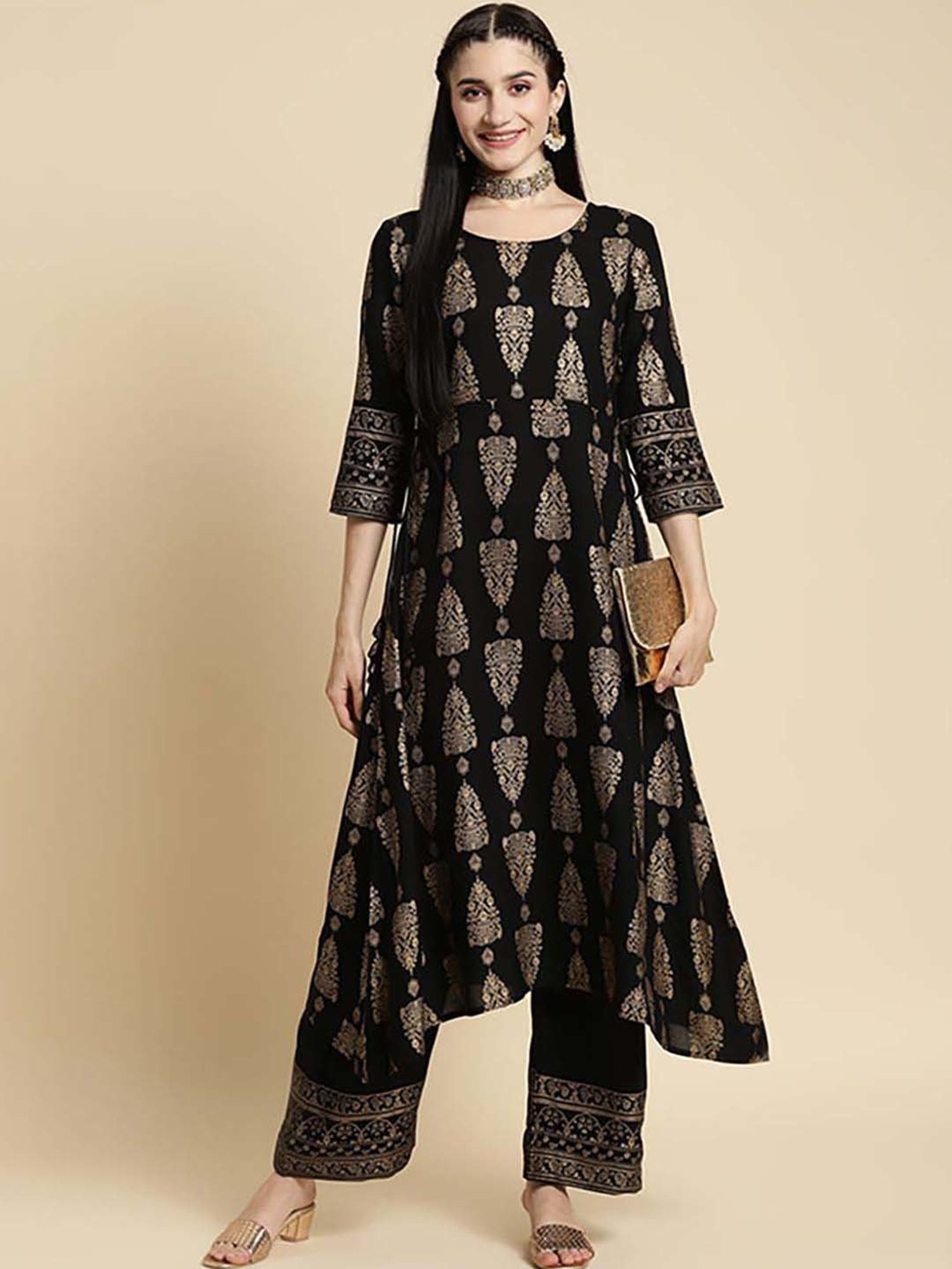 Rangita Black Floral Print Kurta Palazzo Set
