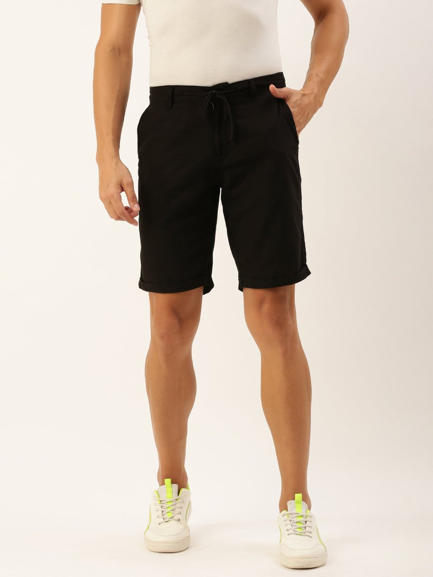Bene Kleed Black Slim Fit Cotton Linen Shorts