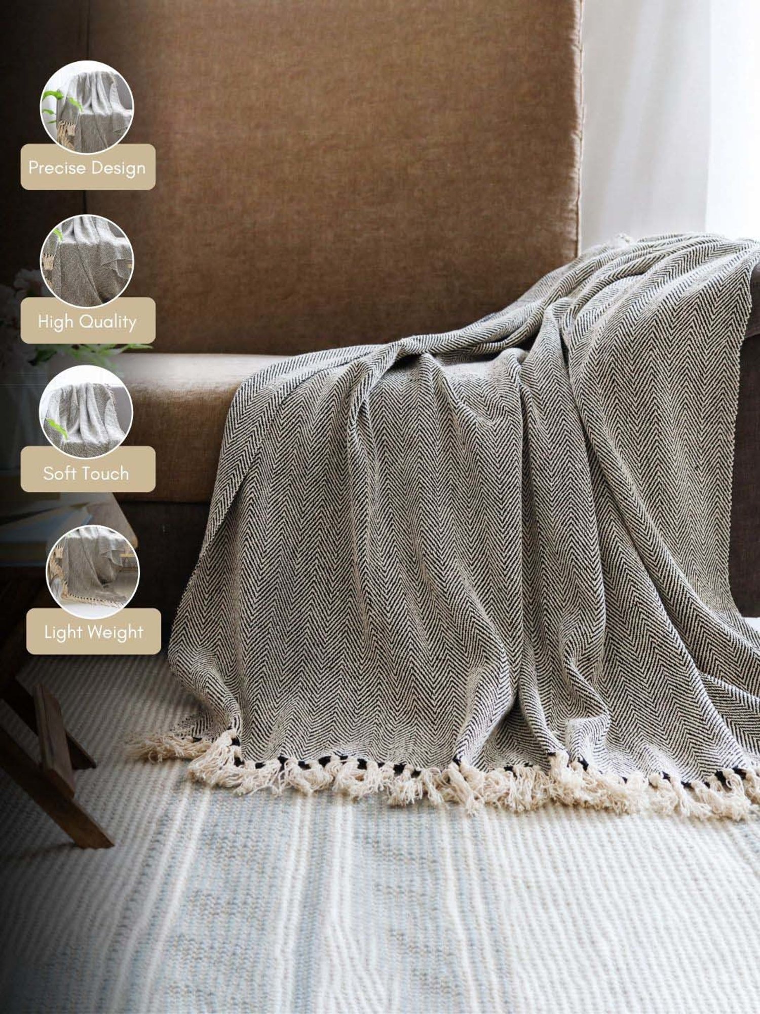 Nestasia Black & Cream Chevron Cotton Knitted Throw blanket with texture for Living Room or Bedroom