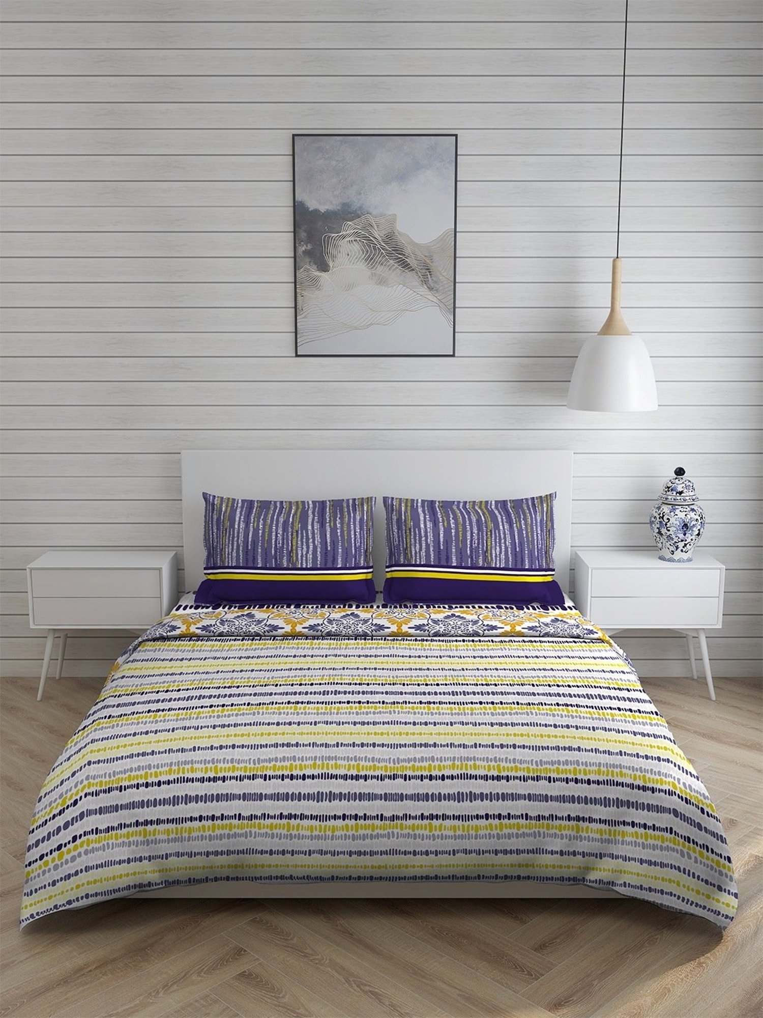 Layers Roma Stripes Yellow 120 TC Cotton King Bedding Set