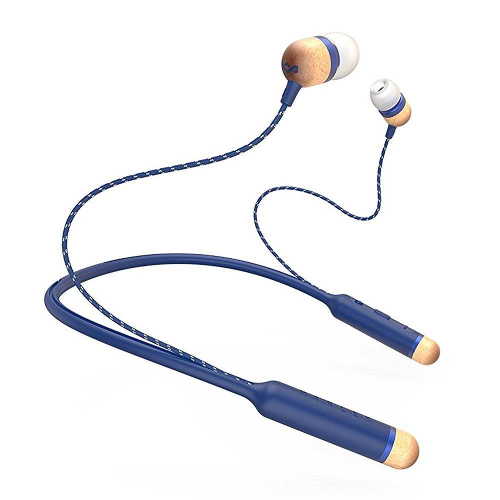 house of marley, smile jamaica wireless inear bluetooth headphones  noise isolating inline microphone, long battery life, sweat resistant, premium sound, multiple size ear gels, emje083dn denim