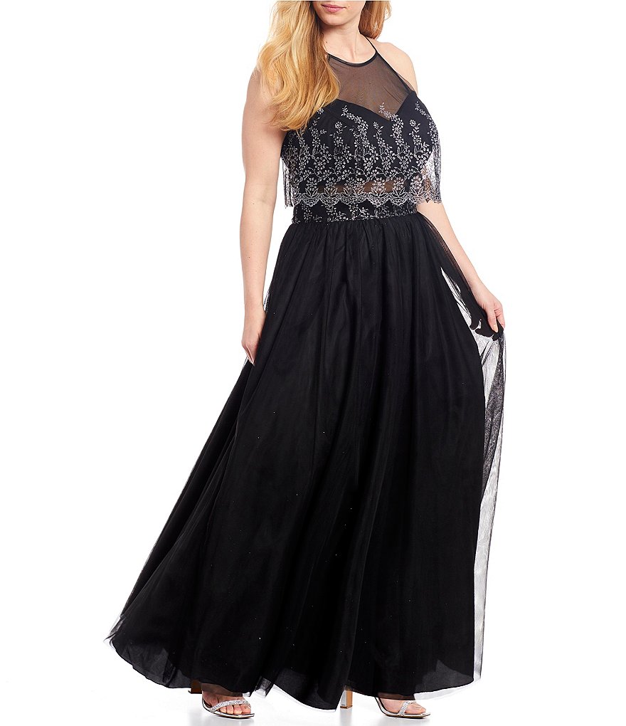 Teeze Me Plus Spaghetti Strap High-Neck Glitter Pop-Over Bodice Ball Gown