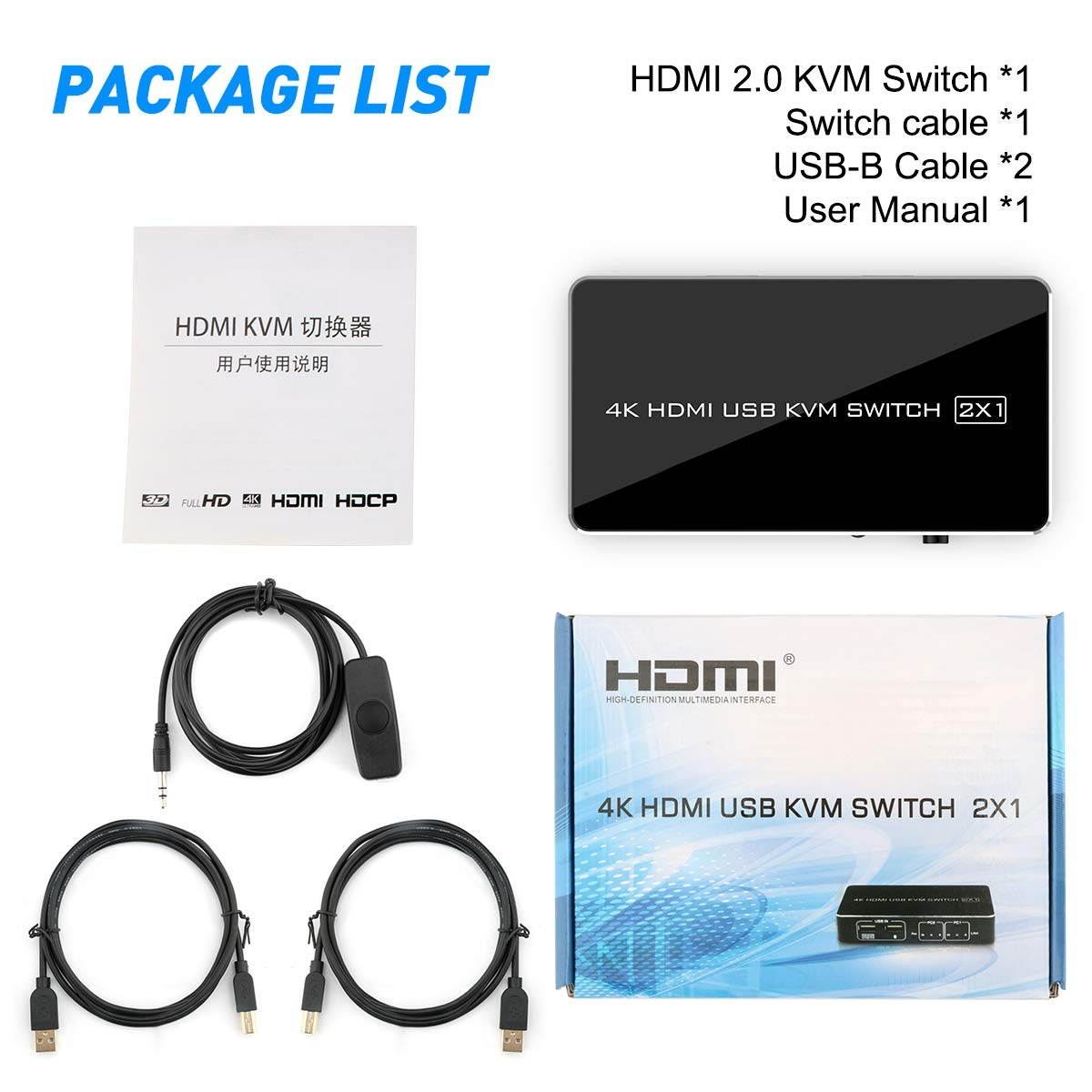 KVM Switch HDMI 2 Port Box, UHD 4K (3840x2160) & 1080P 3 Switching Modes Supported,3 USB 2.0 Hub for Mouse Keyboard Printer PCs with 1 Switch Cable and 2 USB Cables