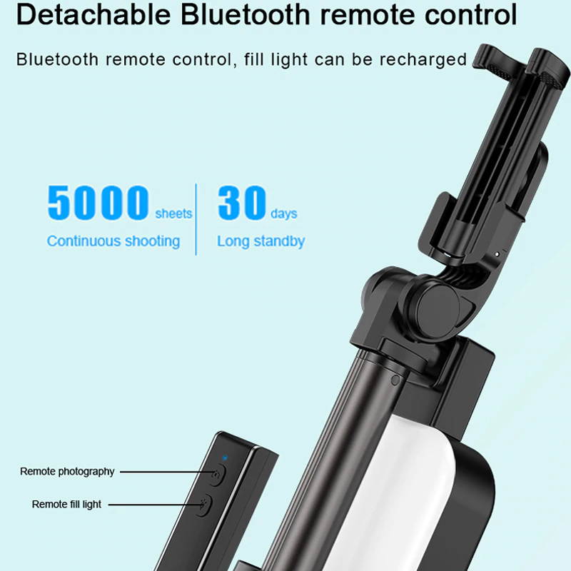 170cm Bluetooth Selfie Stick with Hidden Tripod Fill Light Selfie Stick Handheld Remote Selfie Stick for iphone Android Phone
