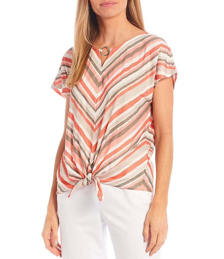 Allison Daley Petite Size Miter Stripe Crinkle Knit Ring Keyhole Neck Detail Cap Sleeve Tie-Front Top