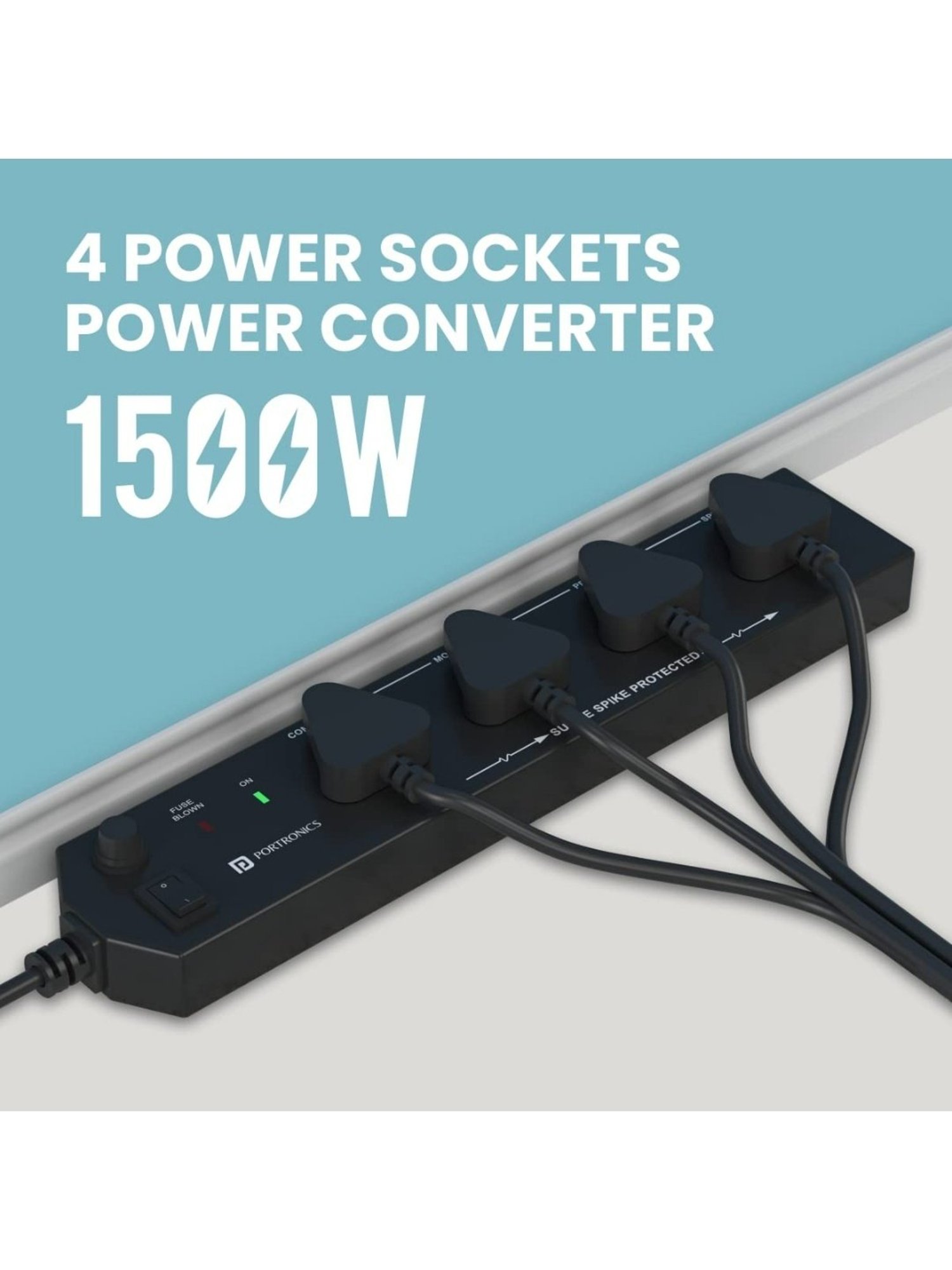 Portronics Power Plate 10 1500W Power Converter with 4 Power Sockets, 3M Cord Length (Black)