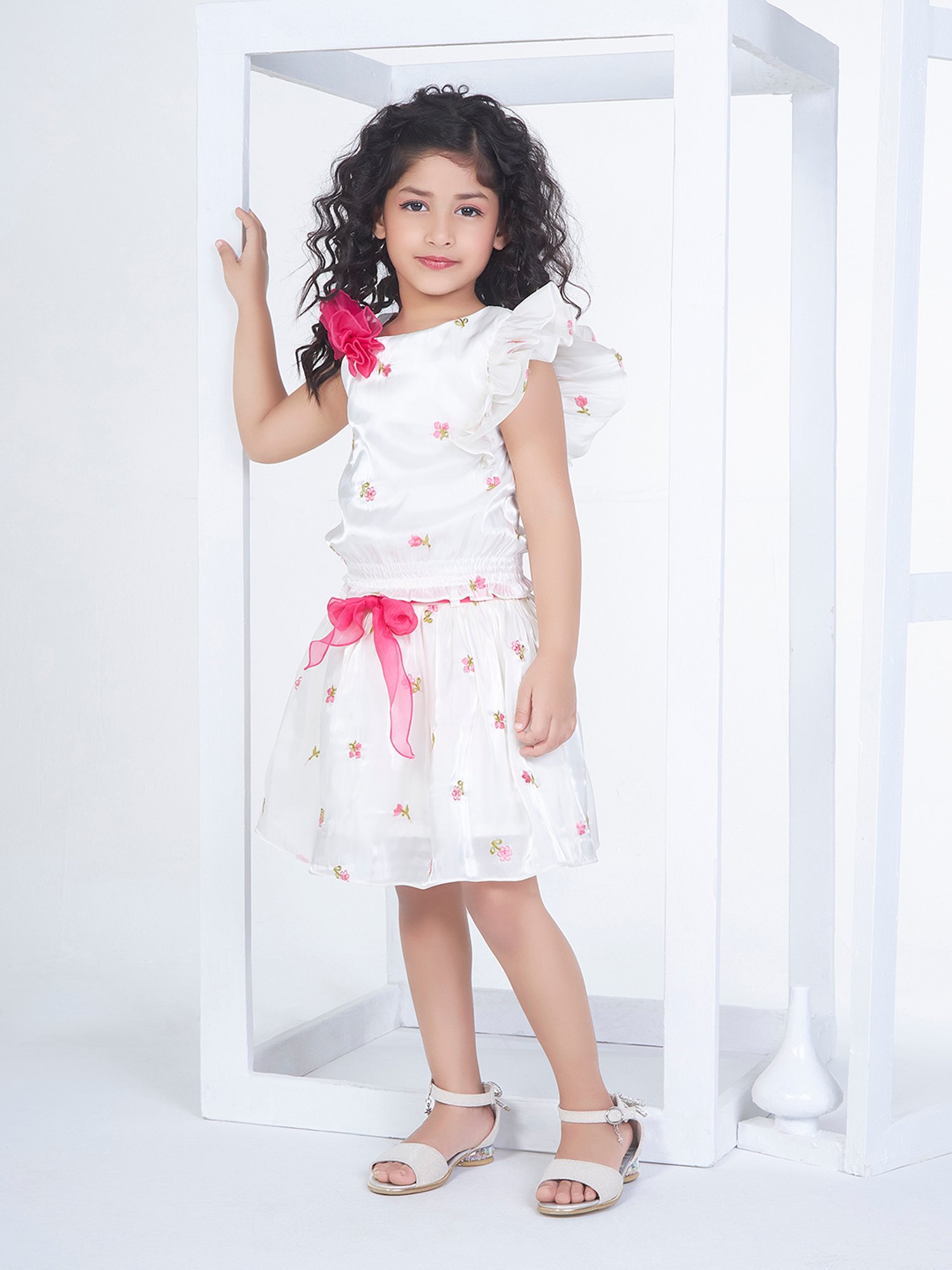 Peppermint Kids White Embroidered Top, Skirt with Belt