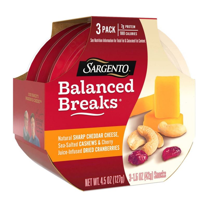 Sargento Balanced Breaks Natural Sharp Cheddar, Sea-Salted Cashews & Cherry Juice-Infused Dried Cranberries - 3pk/1.5oz