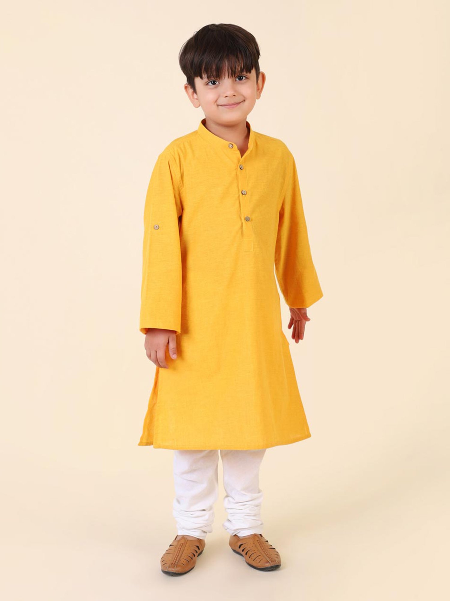 Fabindia Kids Yellow Printed Full Sleeves Kurta with Nehru Jacket
