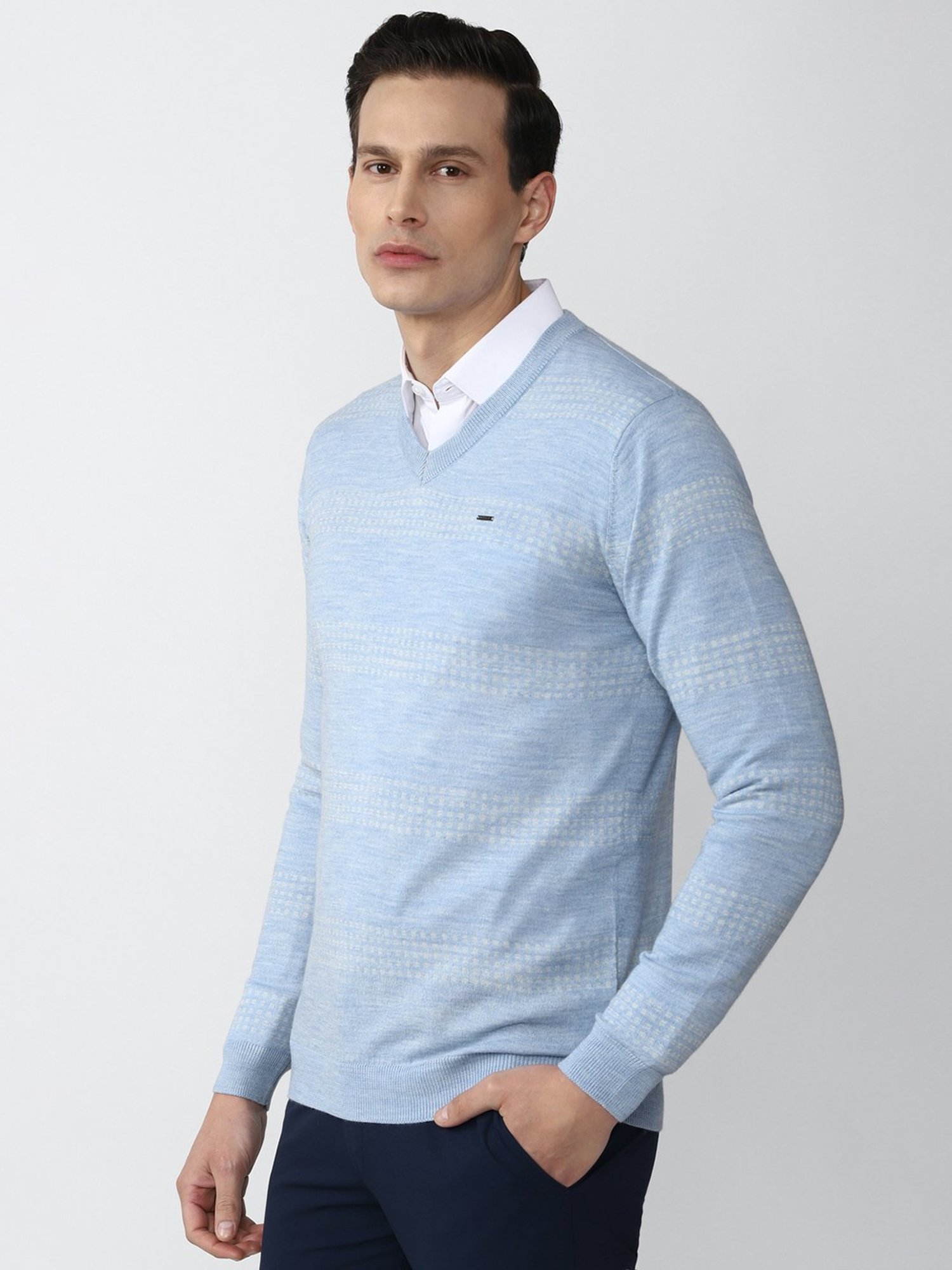 Van Heusen Sky Blue Striped V Neck Sweater