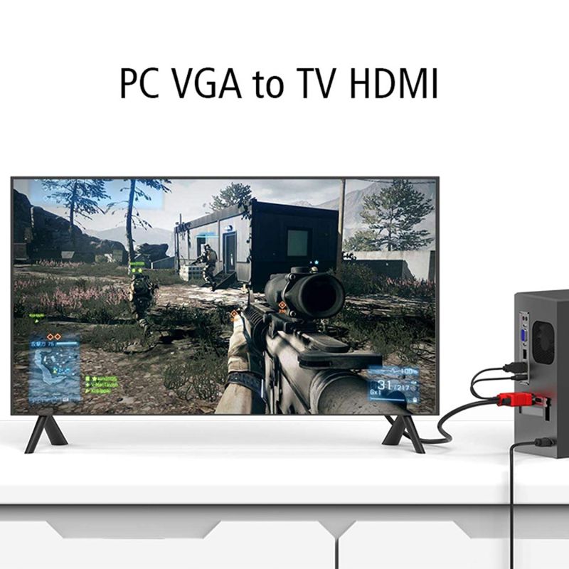 VGA to HDMI Video Adapter Converter Cable with Audio Support and USB Power Gold-Plated Active 1080P Cord for HDTV PC Laptop Projector Monitor DVD (2m / 6.6ft, VGA-> HDMI (RED))