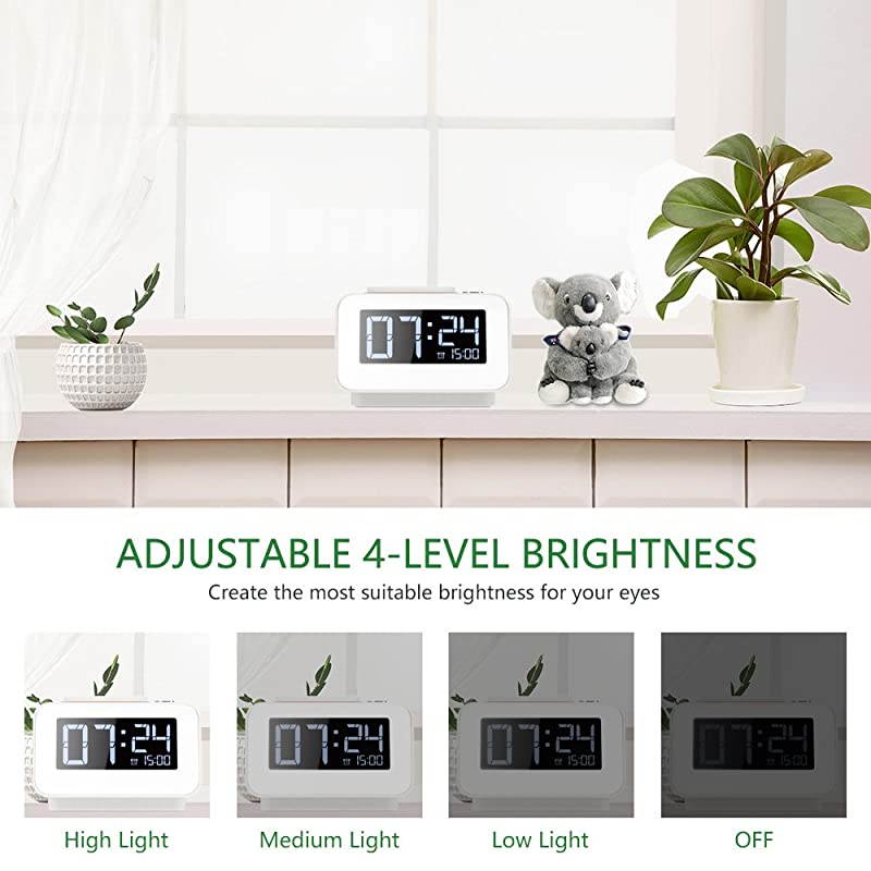 Alarm Clock for Bedroom with Dual USB Charger Ports for Beside Digital Clock Dimmable Snooze Whitewith AC Adapter