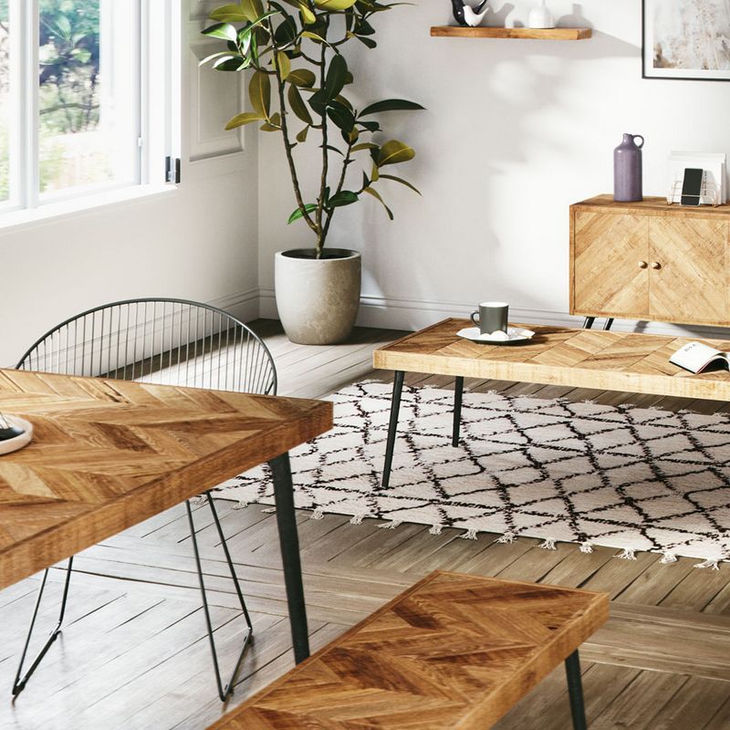 Mindful Living Rustic Farmhouse Mid Century Modern Fusion Mango Wood Top and Iron Hairpin Legs Chevron Pattern Rectangular Dining Room Bench, Beige