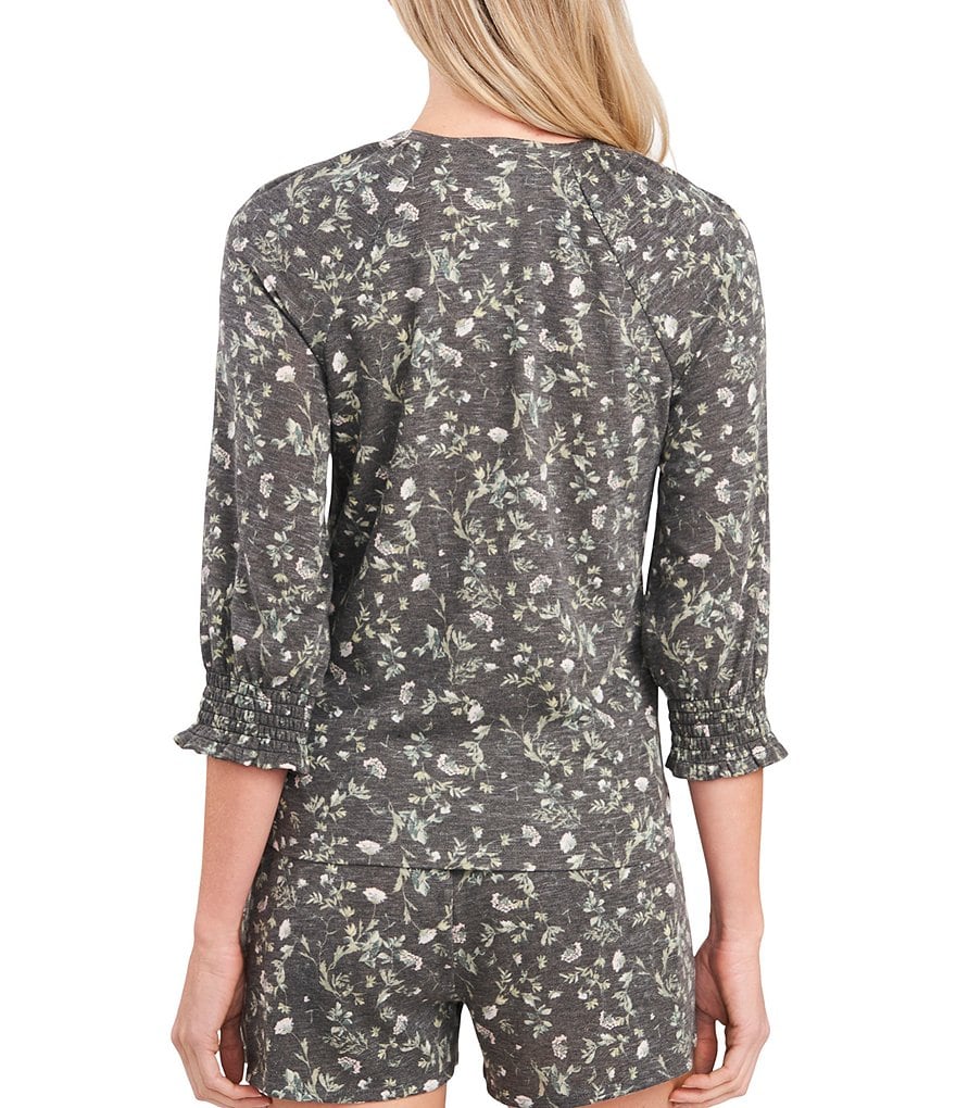 CeCe Puff Sleeve Jewel Neck Floral Knit Top