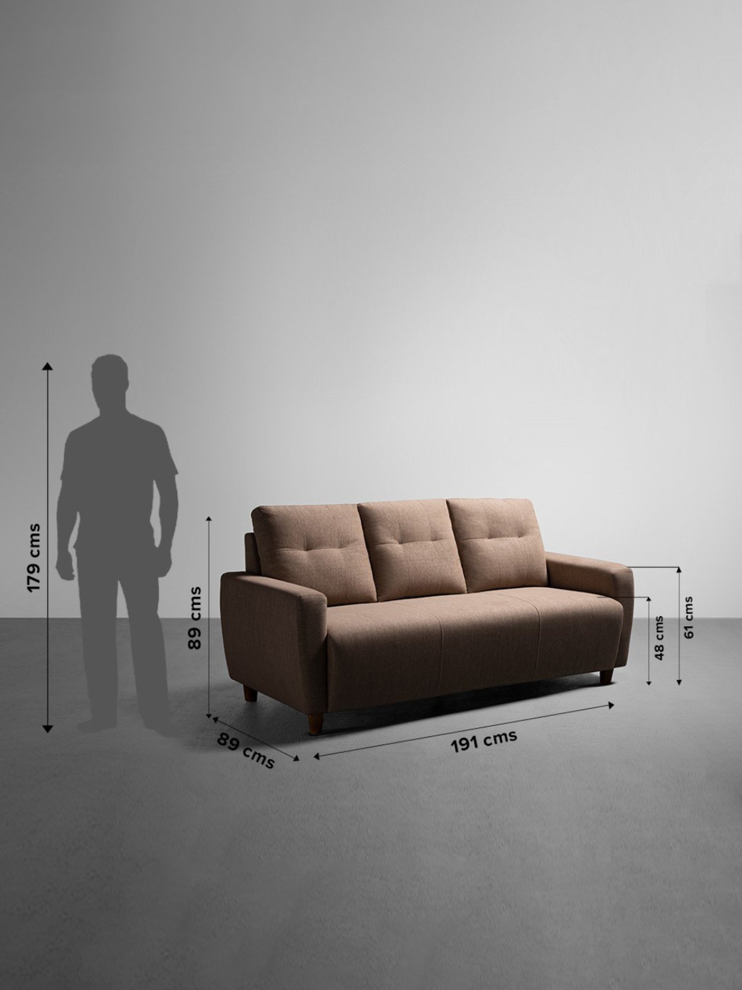 Sleepyhead Yolo Coco Brown Fabric 3 Seater Sofa