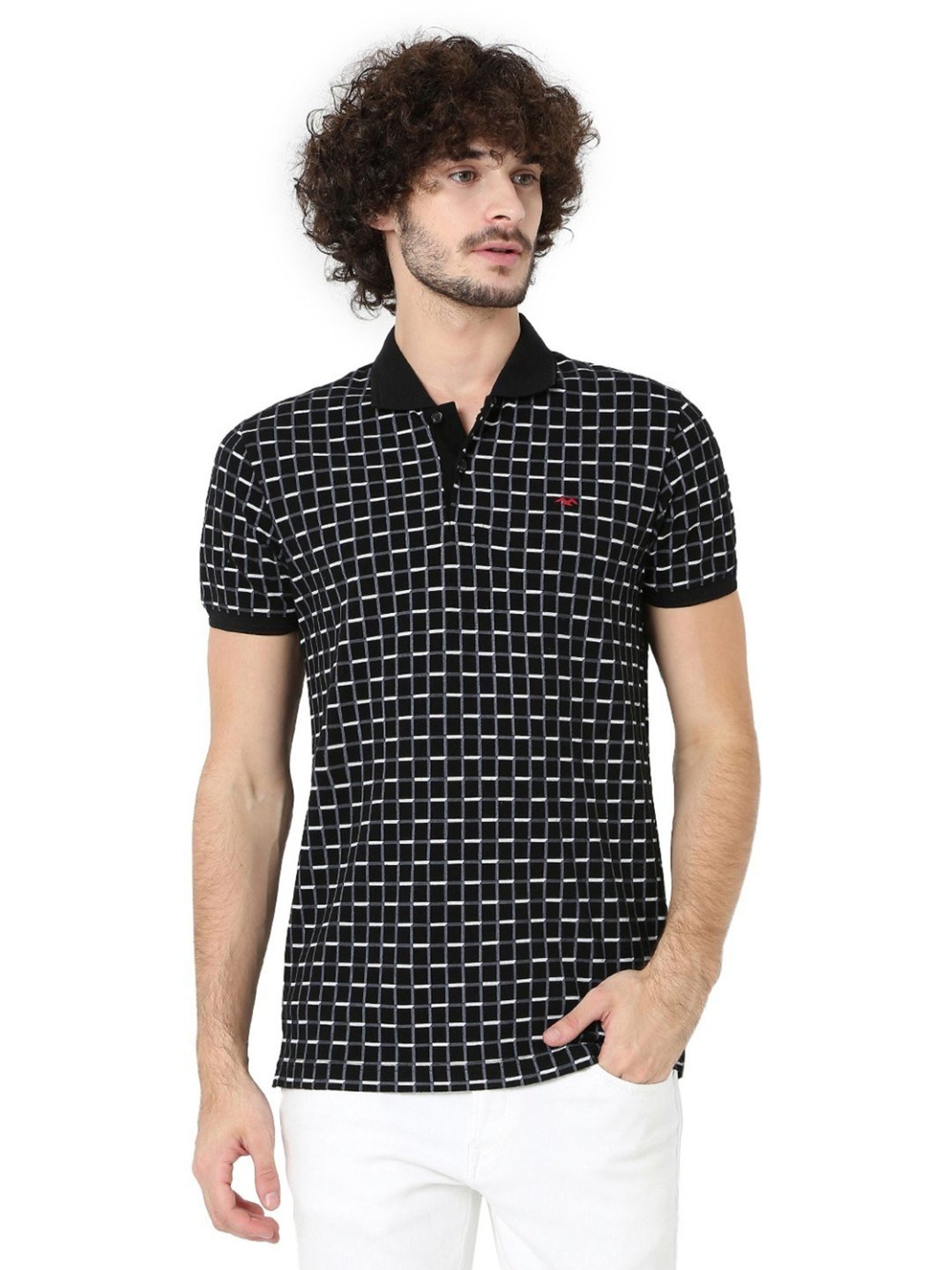 Mufti Black Cotton Slim Fit Checks Polo T-Shirt