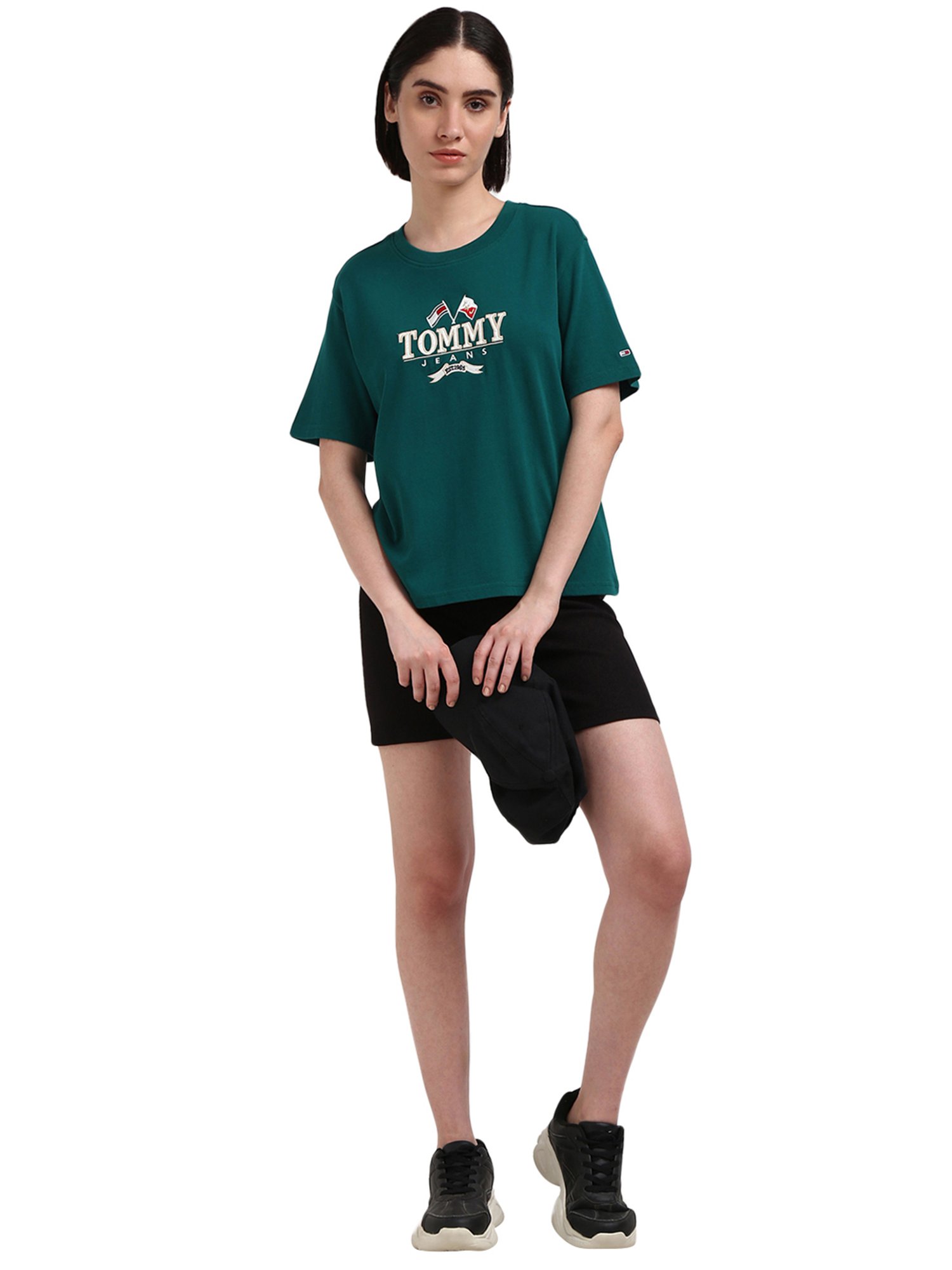 Tommy Hilfiger Green Pure Cotton Embroidered Women Regular Fit T-Shirt