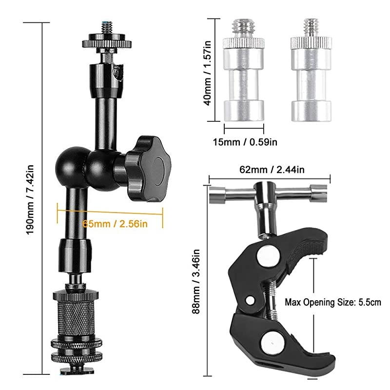 7 inch Articulating Friction Arm with Large Super Crab Clamp and Hot Shoe Mount 14quot Magic DSLR Tripod Arms Kit for Photography Video Camera Rig LED Light Flash Light LCD Monitor