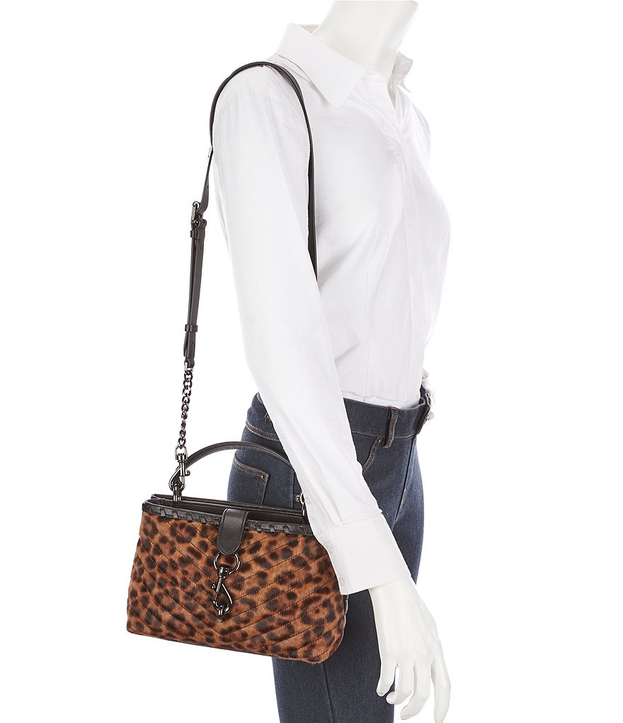 REBECCA MINKOFF Edie Whipped Top Handle Quilted Leopard Haircalf Satchel Bag