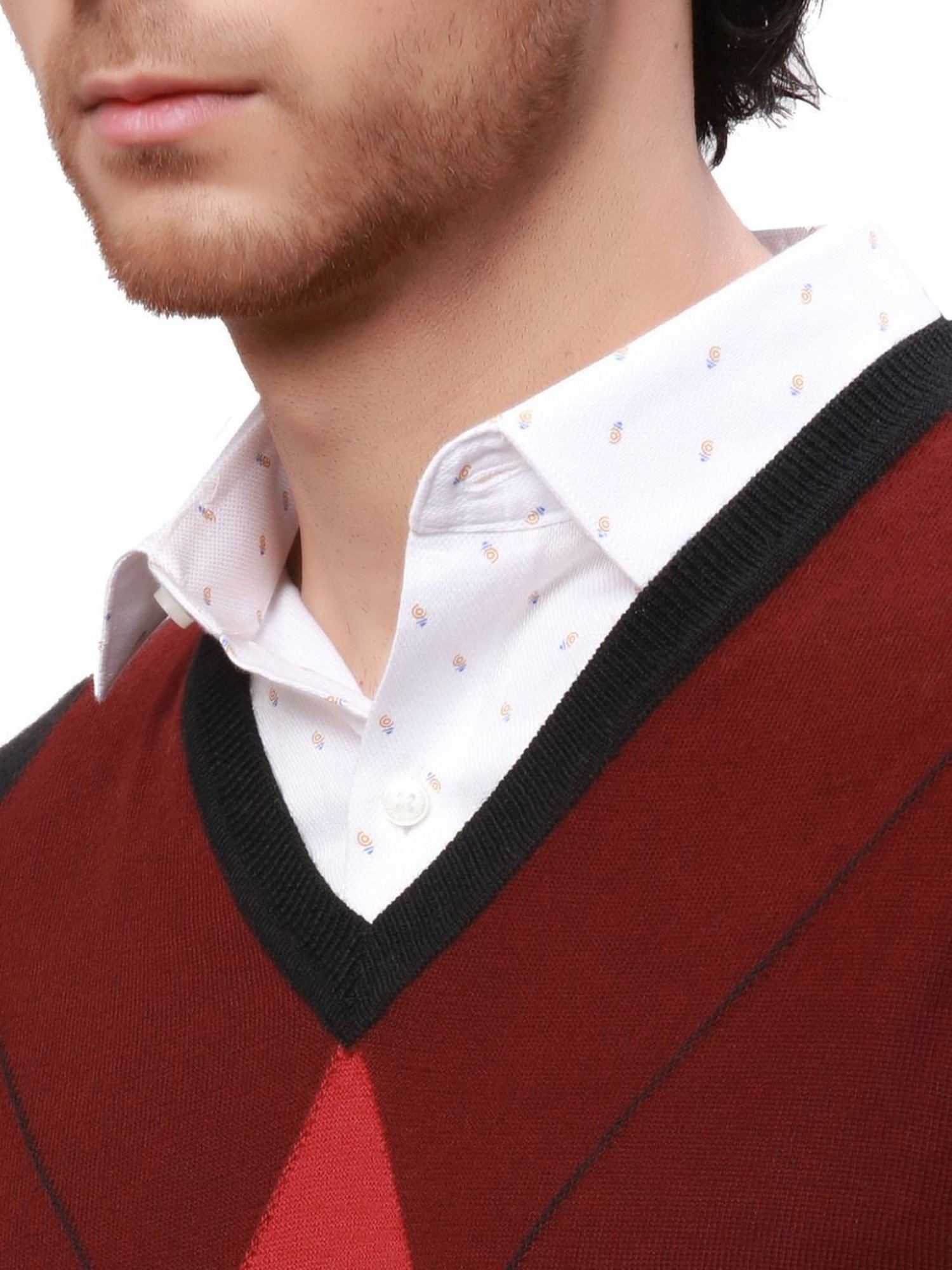 Park Avenue Red Regular Fit Argyle Sweater