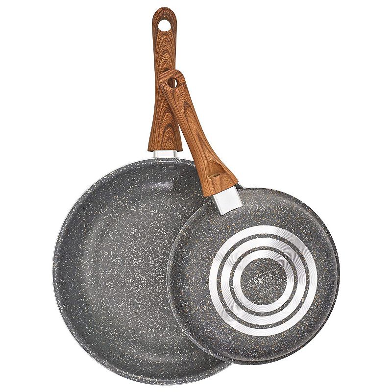 Bella 14785-SN 2 Piece Kitchen Non Stick 8 Inch and 10 Inch Frying Pan Saucepan Cookware Set with Wood Grain Pattern Handle, Grey Speckle