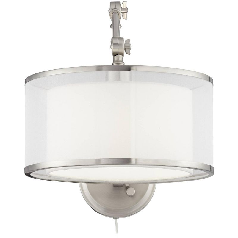 Possini Euro Design Modern Swing Arm Wall Lamp Brushed Nickel Plug-In Light Fixture Organza Drum Double Shade for Bedroom Bedside