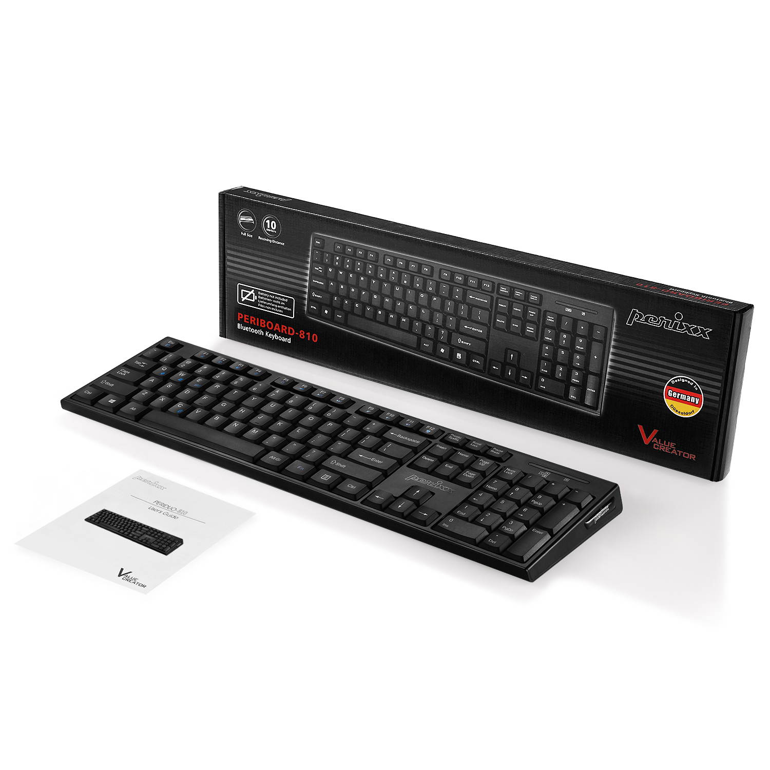 Perixx PERIBOARD-810 Wireless Bluetooth Standard Keyboard for Windows iOS Android System, Full-Size Layout, Black