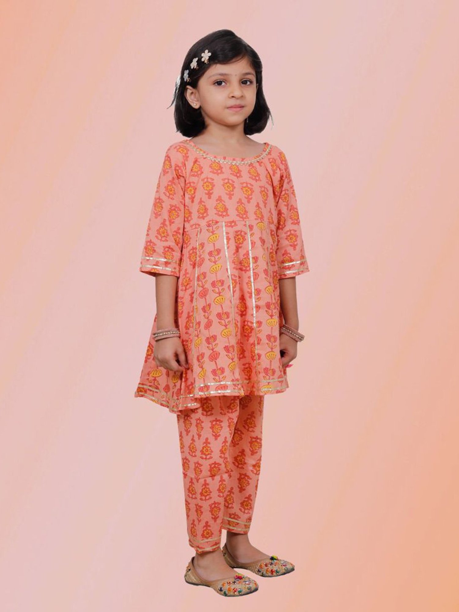 Tippy Top Kids Peach Floral Print Kurta with Pants
