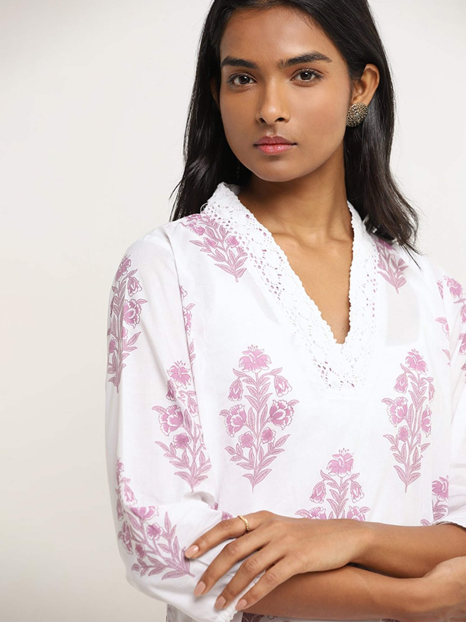 Utsa by Westside Lilac Floral Patterned A-Line Cotton Kurta