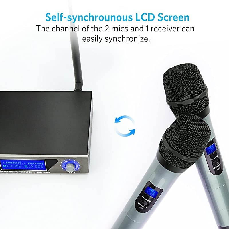 UHF Wireless Microphone System with LCD Display Dual Channel Handheld Karaoke Microphones Set for Outdoor Wedding Conference Karaoke Evening Party Singing