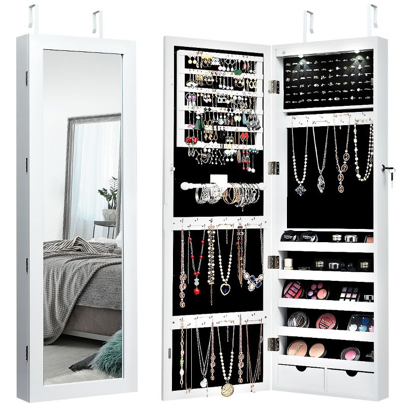 Costway Wall Mount Mirrored Jewelry Cabinet Organizer LED Lights
