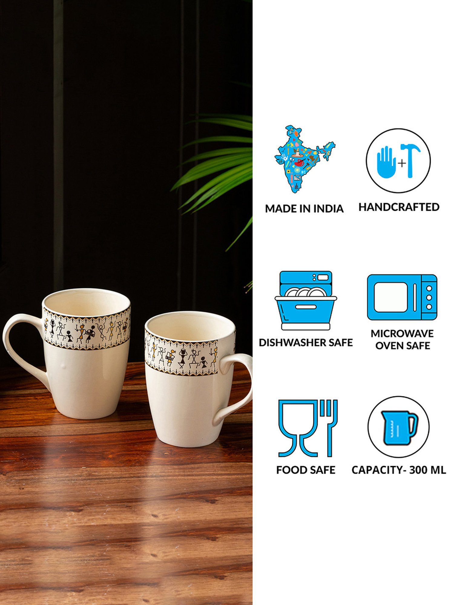 ExclusiveLane Ivory White & Black Ceramic Coffee Mugs - Set of 4 (300ml)