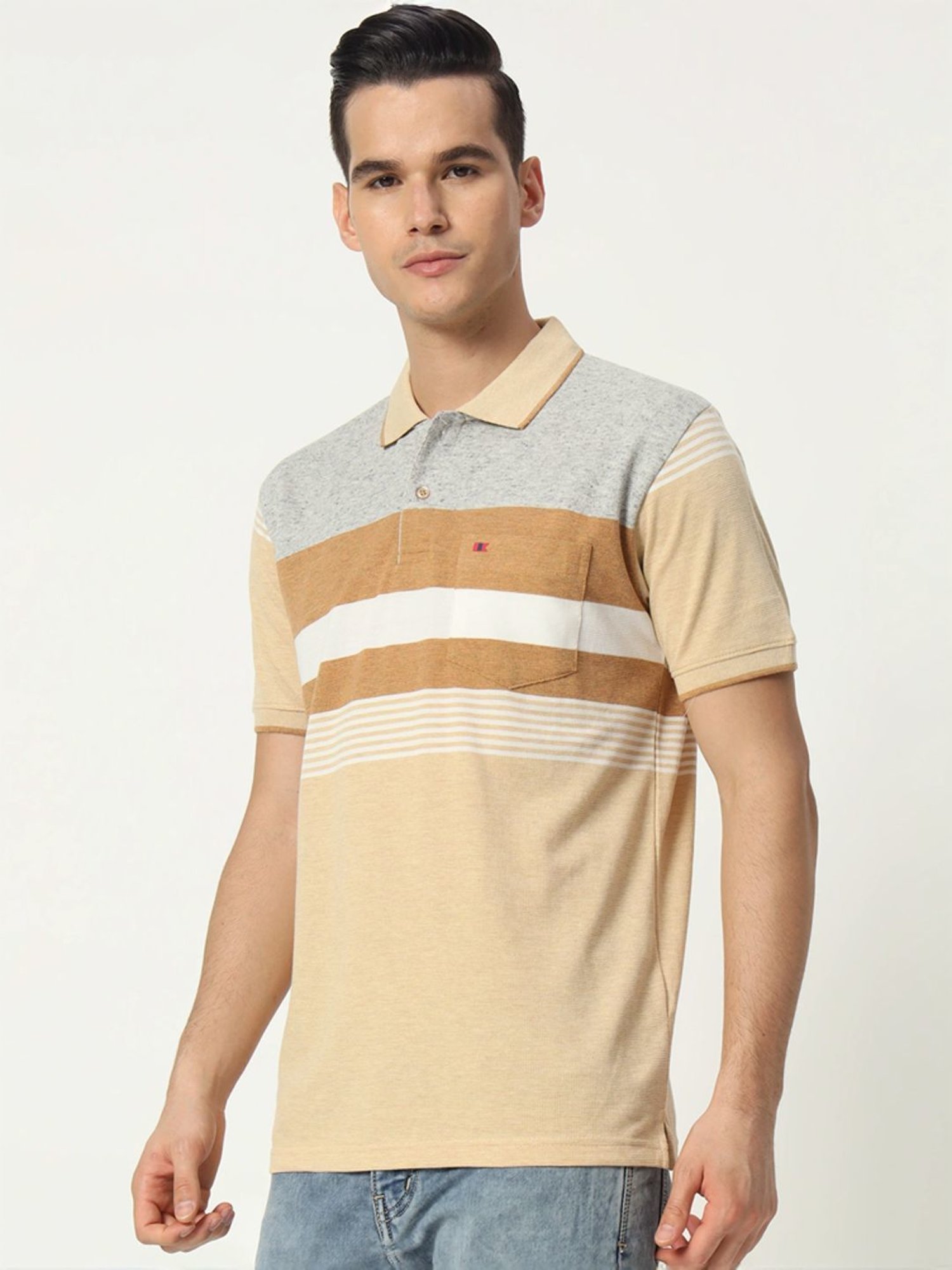 Tab91 Beige Regular Fit Striped Polo T-Shirts
