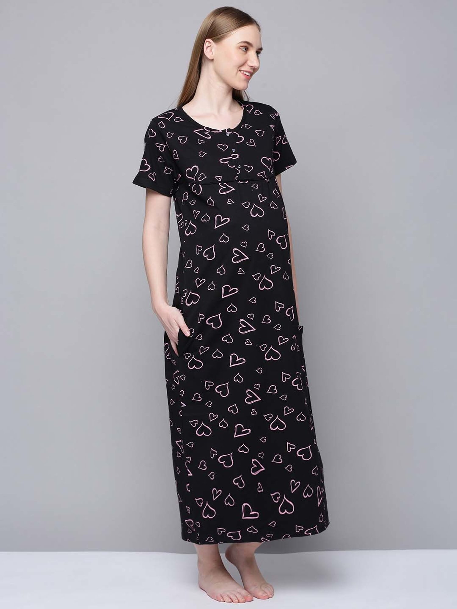 Kryptic Black Cotton Printed Maternity Nightdress