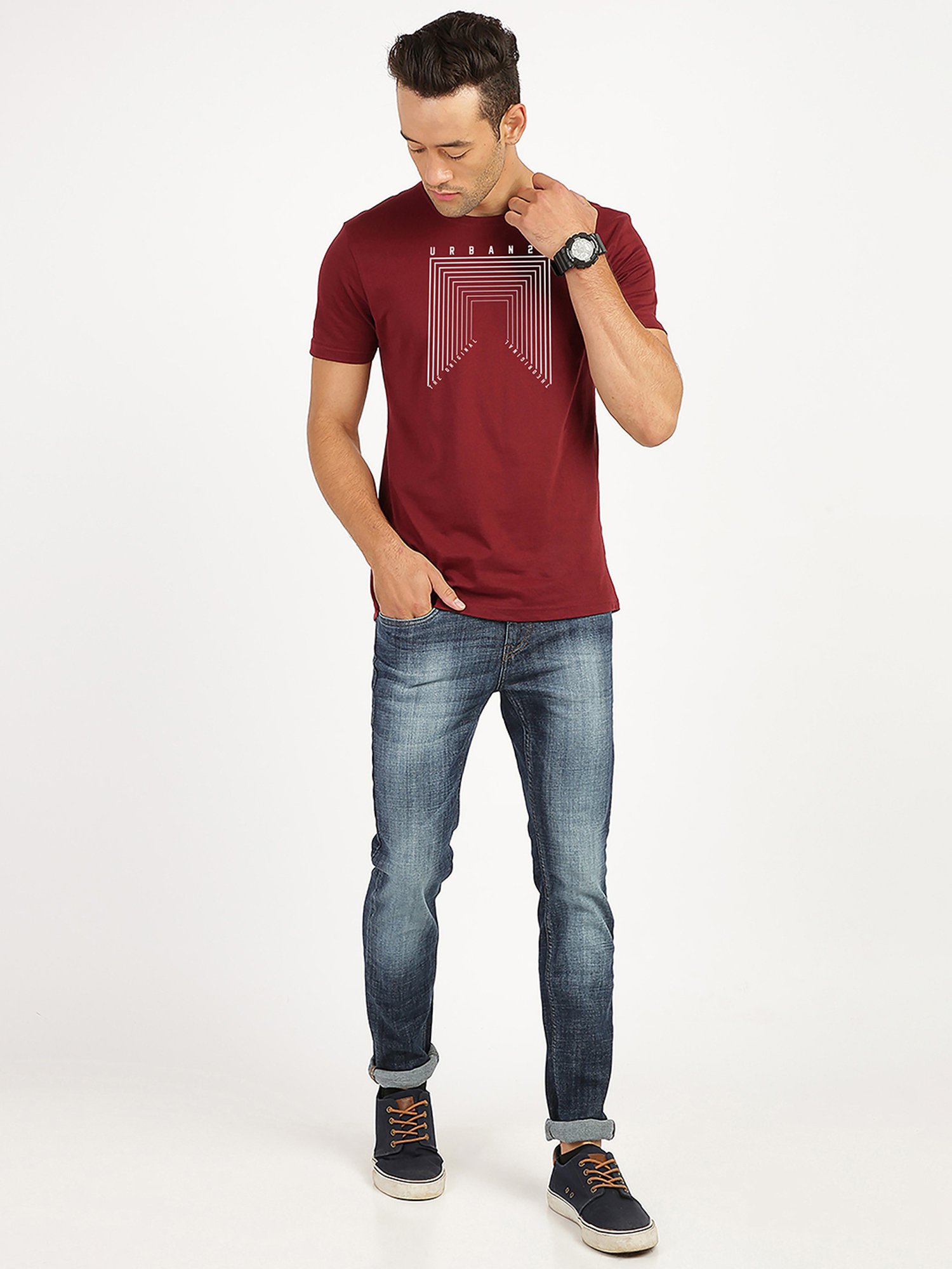 BLACK RADIO Maroon Slim Fit Printed Cotton Crew T-Shirt