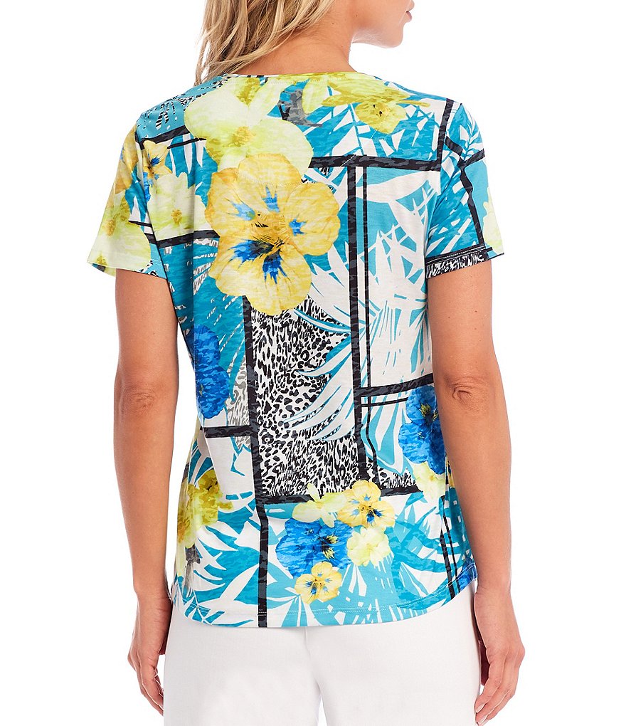 Allison Daley Hibiscus Patchwork Print Embellished Front Detail Crew Neck Short Sleeve Top