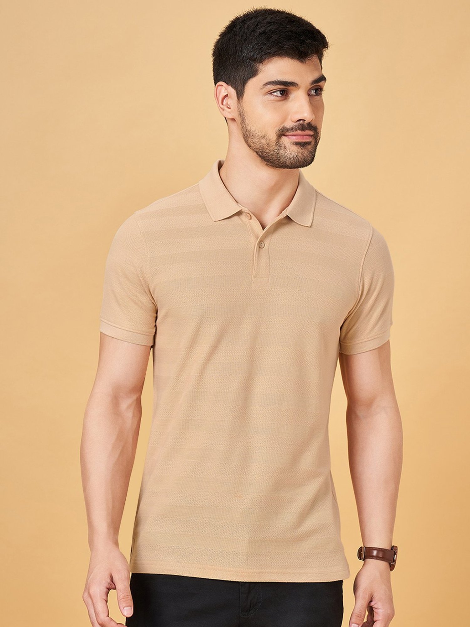Byford By Pantaloons Peach Slim Fit Self Pattern Polo T-Shirt