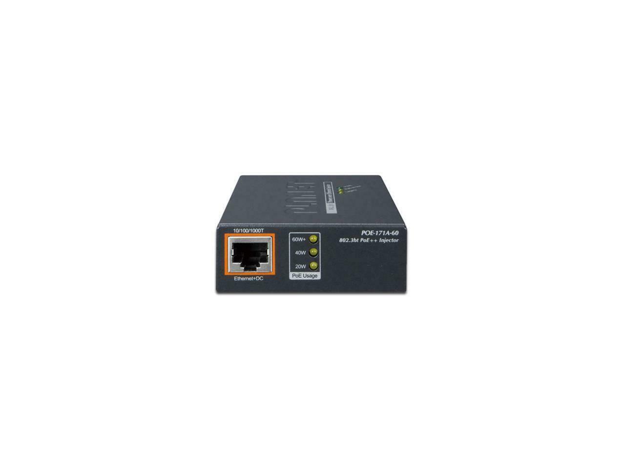 Planet POE-171A-60 Single-Port 10/100/1000Mbps 802.3bt Ultra PoE Injector (60 Watts, Legacy mode support, PoE Usage LED) w/ external power adapter