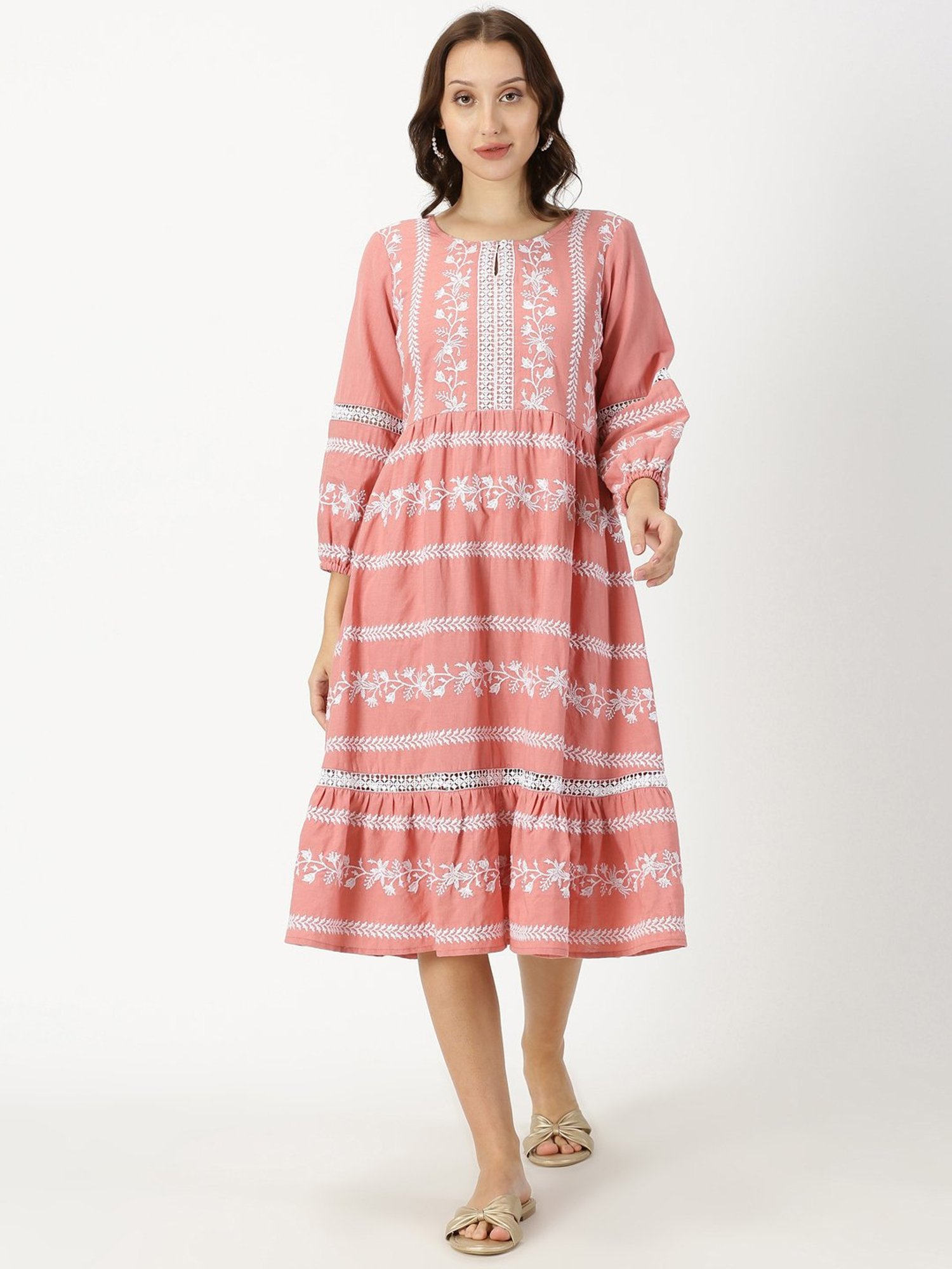 Saffron Threads Peach Cotton Embroidered Ethnic Dress