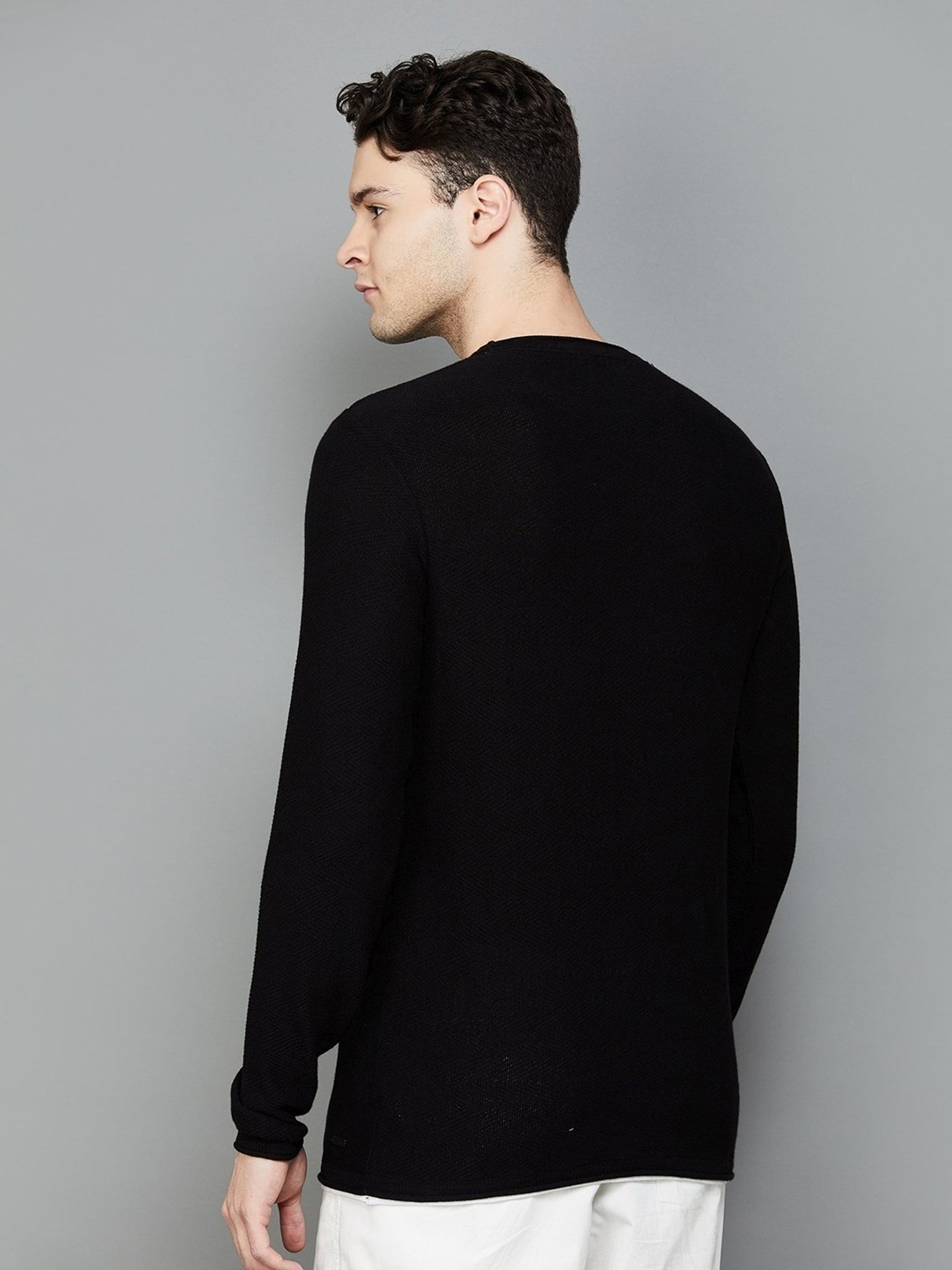 BOSSINI Black Cotton Regular Fit Texture Sweater