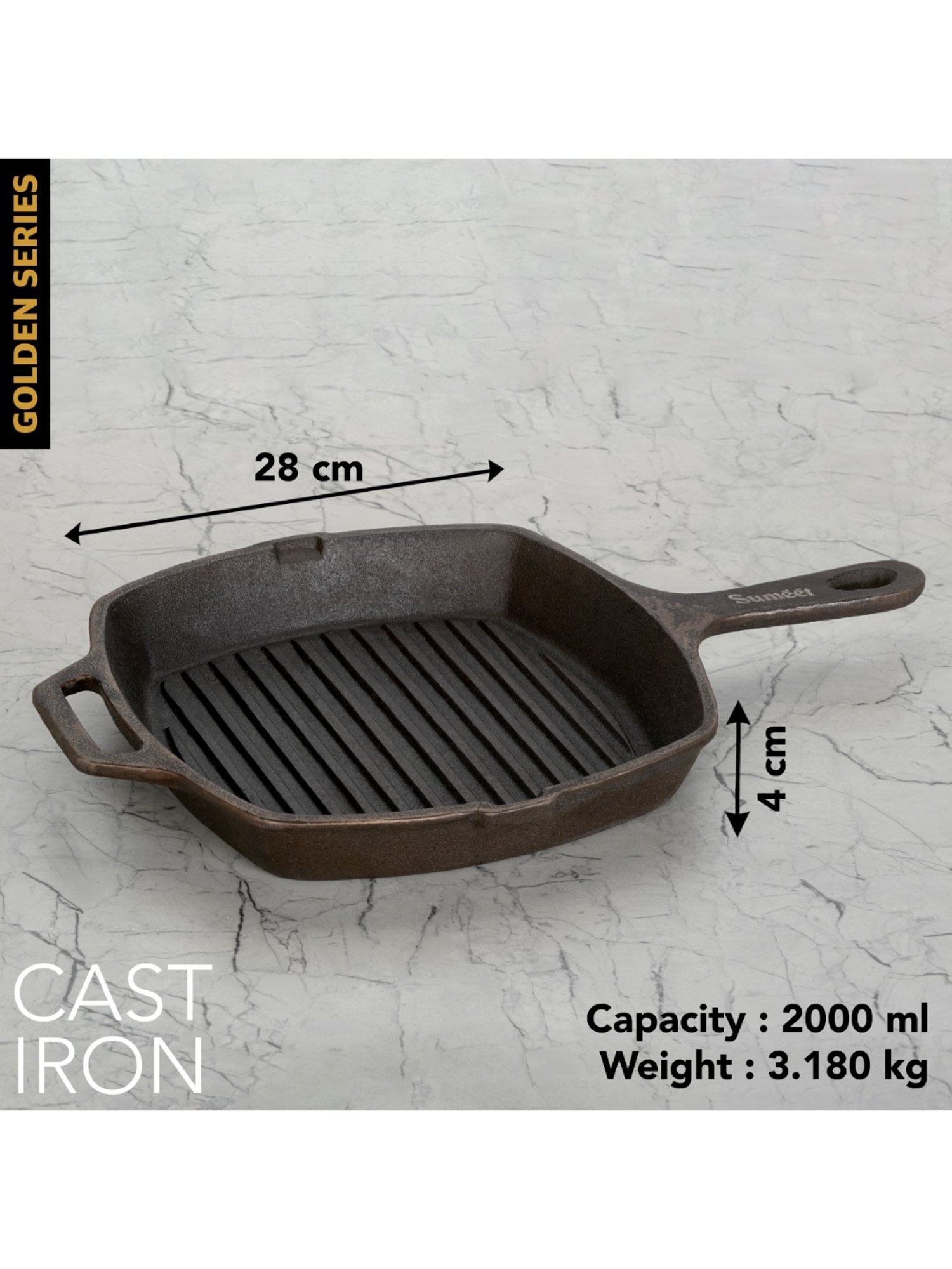Sumeet Gold Pre Seasoned Cast Iron Grill Pan for Grill/Roast-28cm,3.180kg,Gas&Induction-Friendly