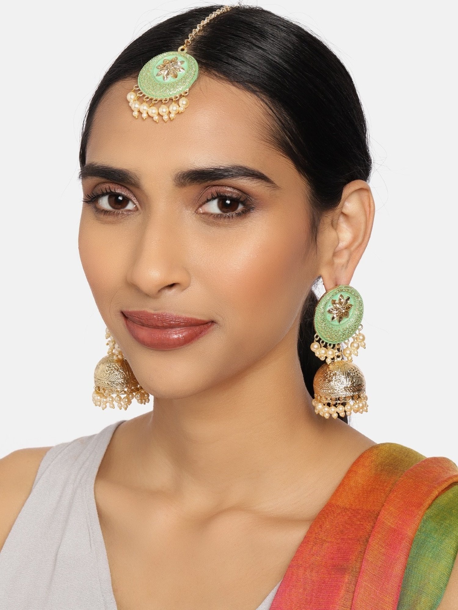Zaveri Pearls Pastel Green Meenakari Ethnic Filigree Jhumki Earring & Maangtikka Set-ZPFK9957