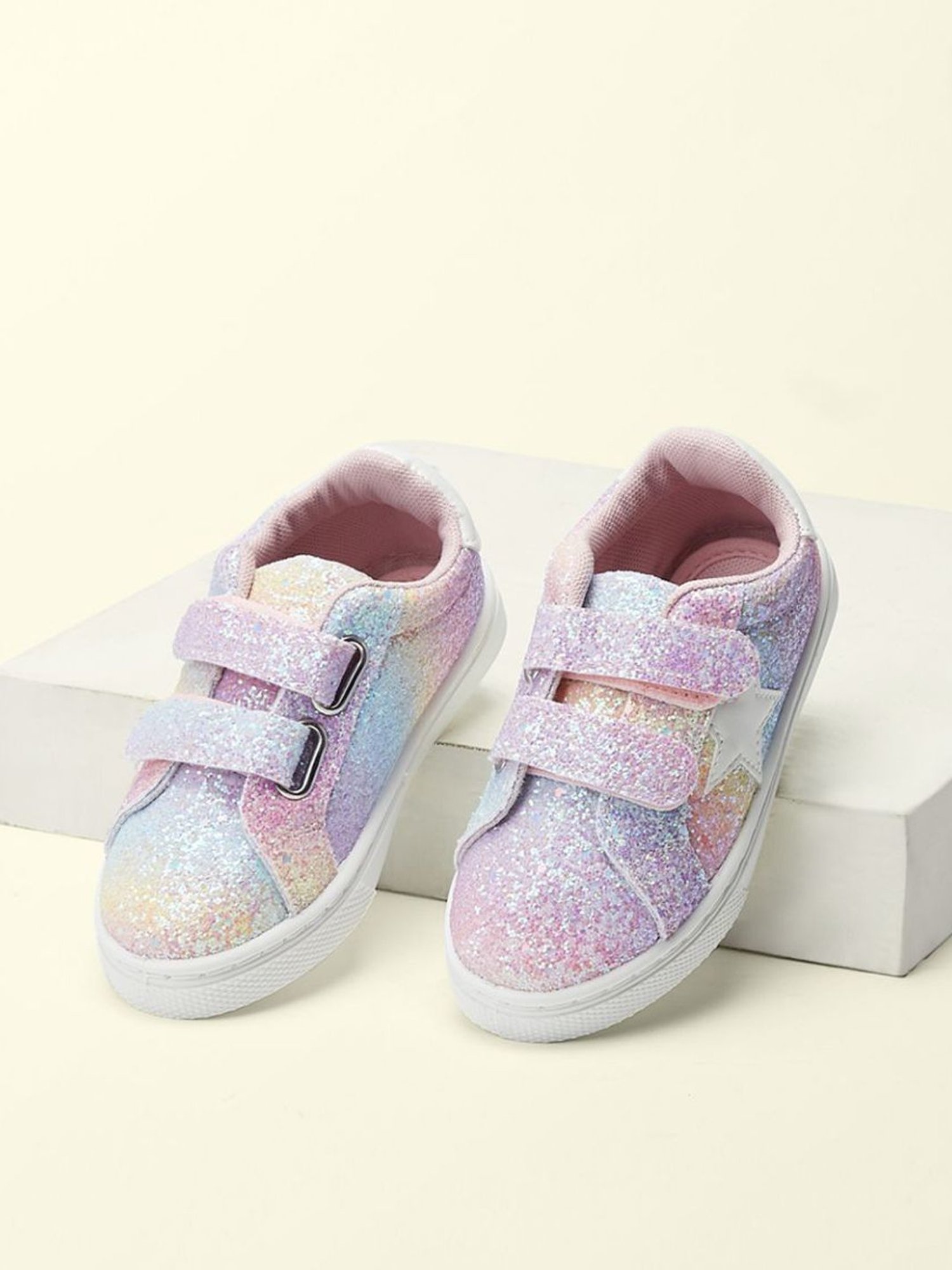 Tiny Bugs Girls Off White & Pink Party Wear Slip Ons