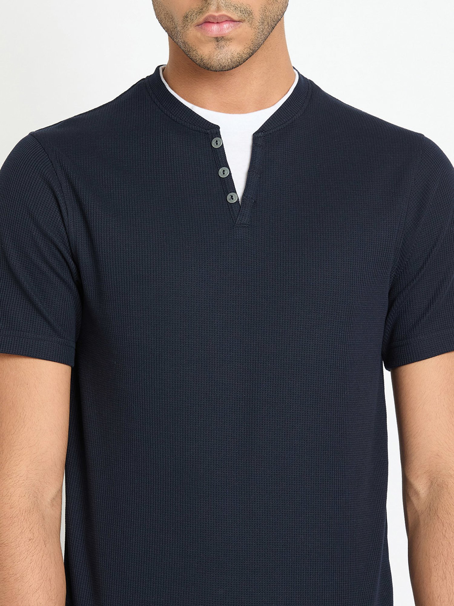 Club York Navy Regular Fit Textured Henley T-Shirt