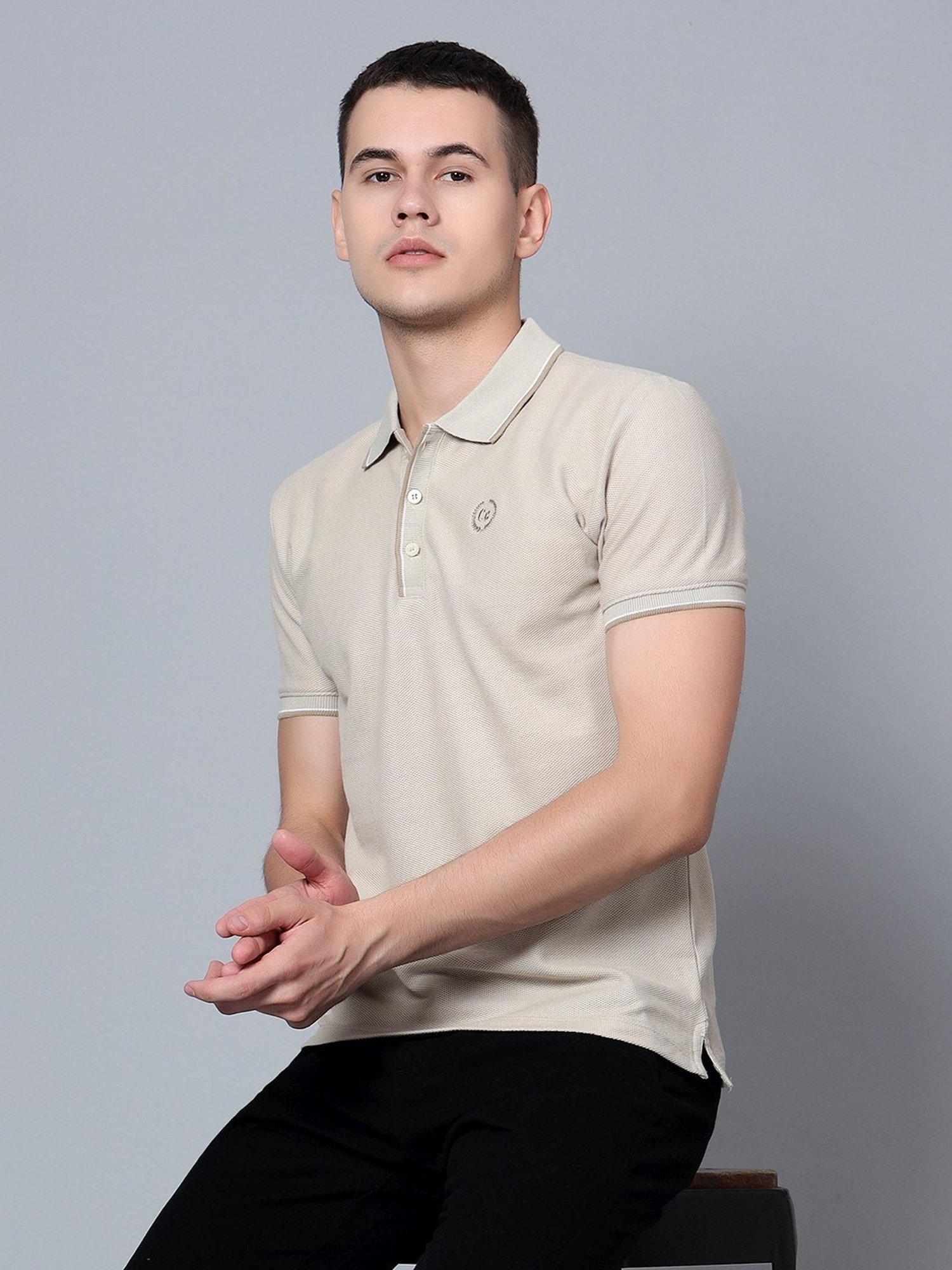 Cantabil Beige Cotton Regular Fit Polo T-Shirt