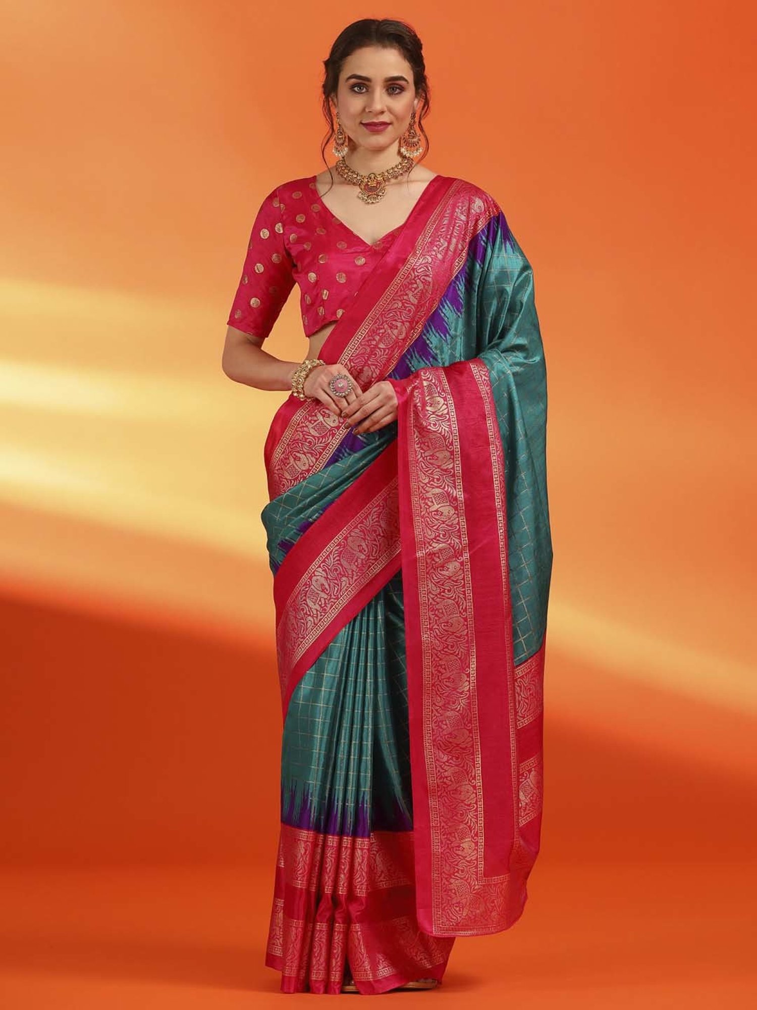 Saree Mall Blue & Pink Silk Printed Saree With Unstitched Blouse