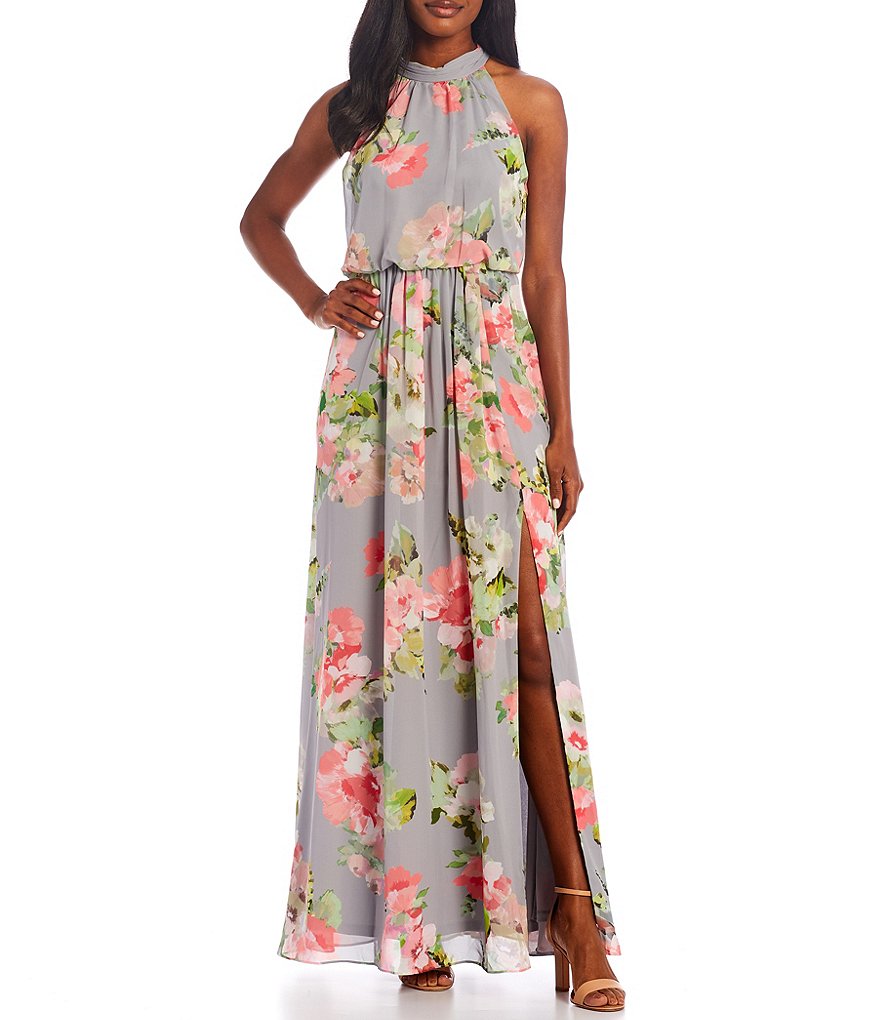 Adrianna Papell Halter Floral Print Chiffon Blouson Gown