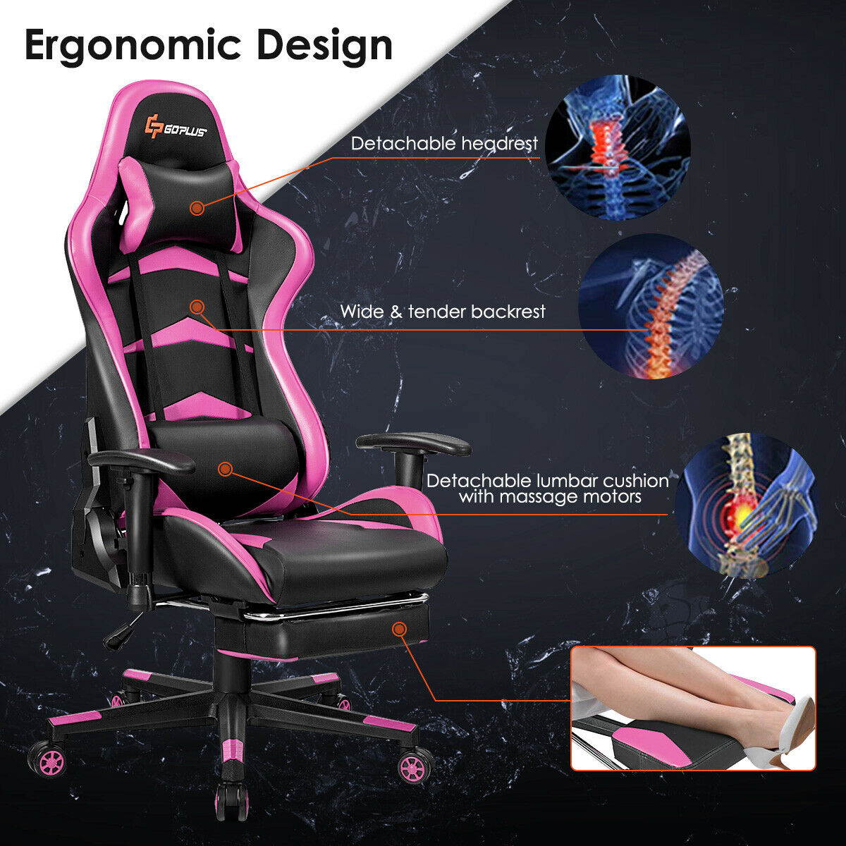 Massage Gaming Chair with Lumbar Support & Footrest-Pink