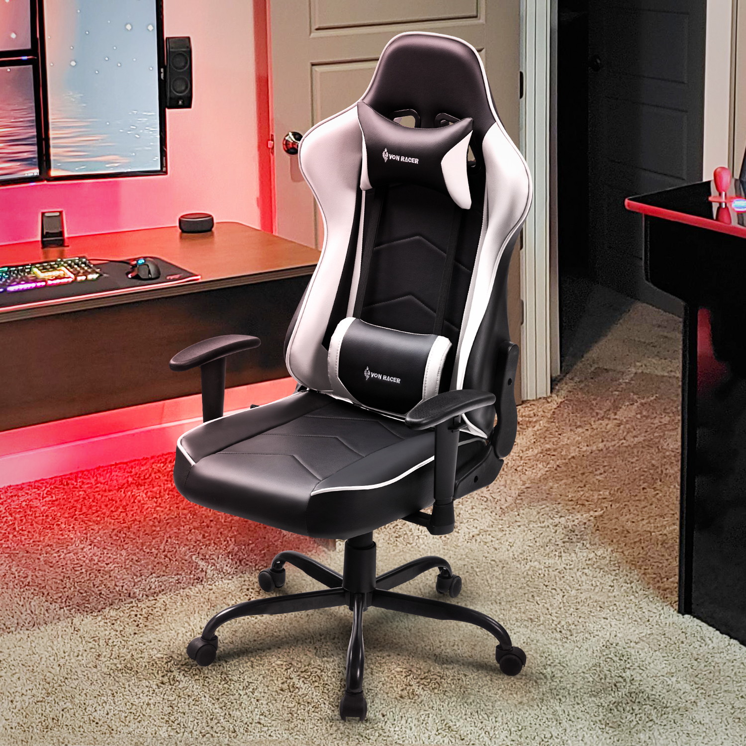 Gaming Chair, Racing Style Computer Desk Chair Padded Armrests Ergonomic Lumbar Support Adjustable Height